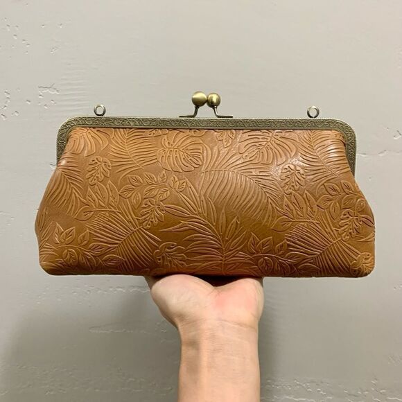Handmade Genuine Leather Embossed Leaves Kisslock Clutch/Shoulder Bag/Crossbody - Picture 1 of 13